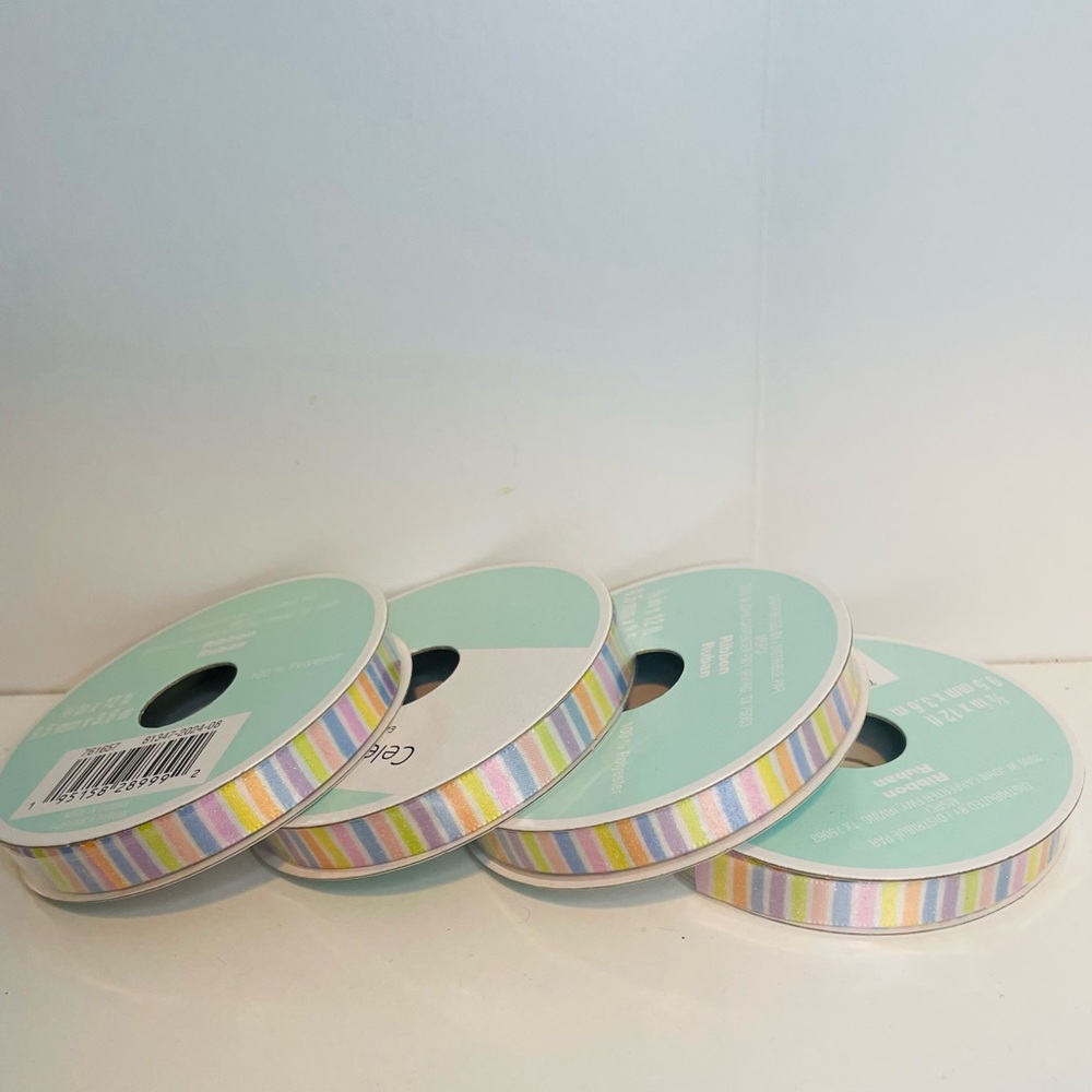 Lot of 4 : Spring Multicolored Strips Satin Ribbon , Easter Ribbon, Baby Shower